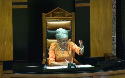Speaker Baleka Mbete responds as opposition parties raise motions prior to a debate on the Nkandla ad hoc committee report on Thursday. Picture: TREVOR SAMSON